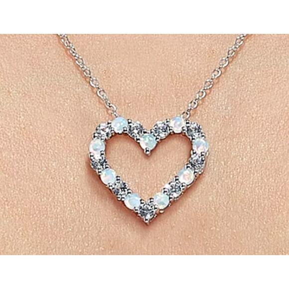 New Created Opal and white saphire Heart Pendant Necklace in Sterling Silver - Picture 1 of 4